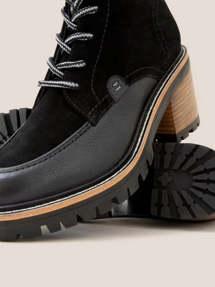 Women BOOTS White Stuff Mid Heel Suede Lace Up Boot Pure Black Women BOOTS White Stuff Mid Heel Suede Lace Up Boot Pure Black