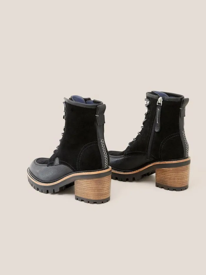 Women BOOTS White Stuff Mid Heel Suede Lace Up Boot Pure Black Women BOOTS White Stuff Mid Heel Suede Lace Up Boot Pure Black
