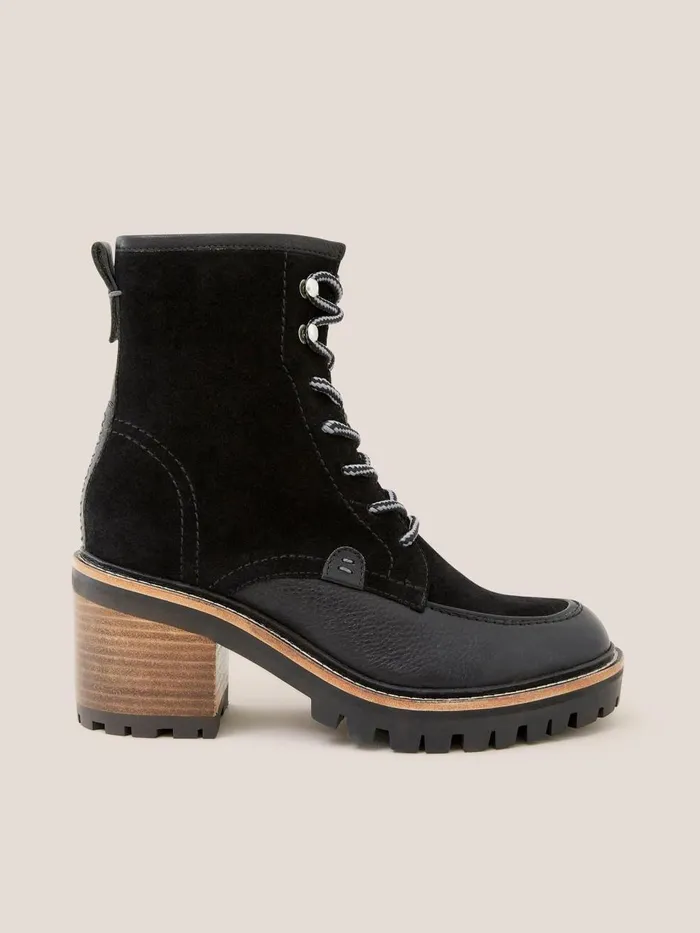 Women BOOTS White Stuff Mid Heel Suede Lace Up Boot Pure Black Women BOOTS White Stuff Mid Heel Suede Lace Up Boot Pure Black