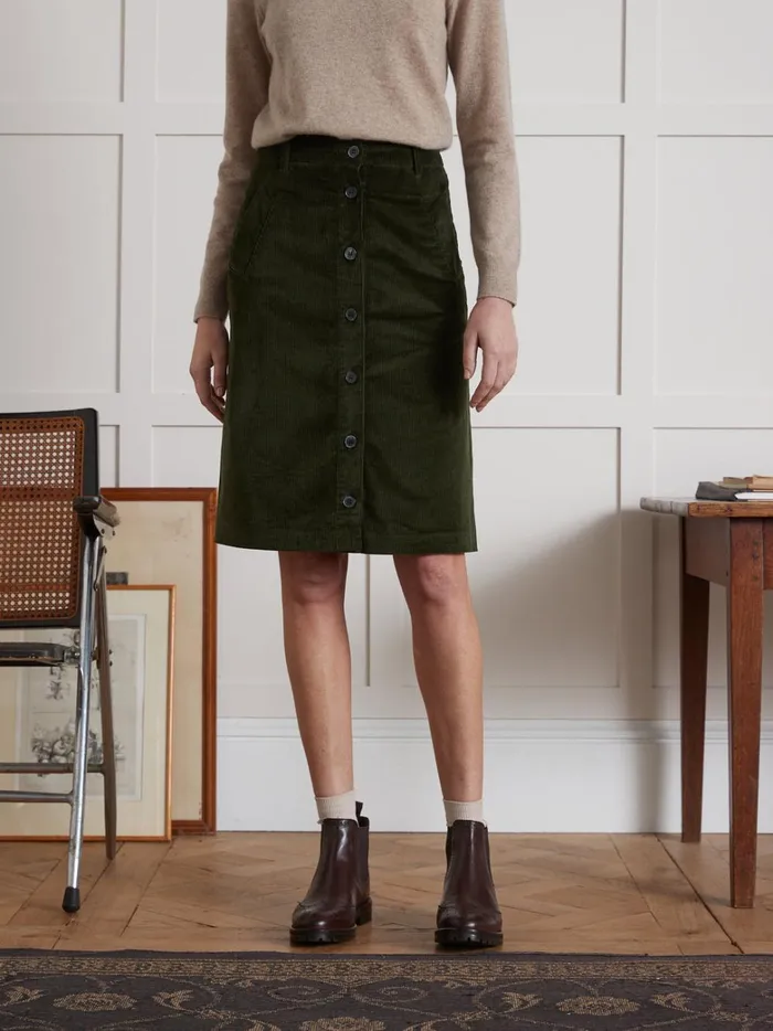 Women Clothing Cyrillus Corduroy Button Skirt Vert Chasse