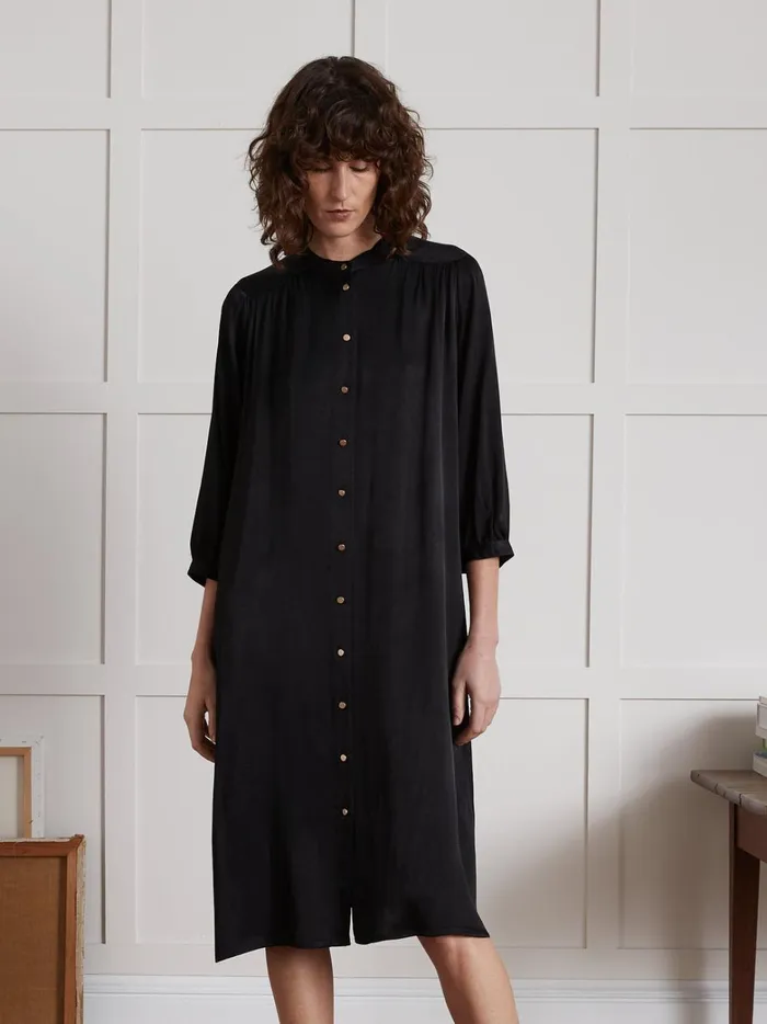 Women Clothing Cyrillus MidLength Button Dress In Plain Crepe Noir