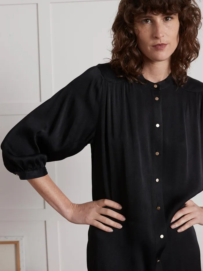 Women Clothing Cyrillus MidLength Button Dress In Plain Crepe Noir