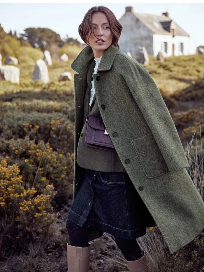 Women Clothing Cyrillus MidLength Oversize Woolen Herringbone Coat Kaki