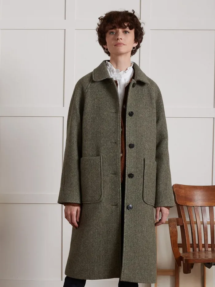 Women Clothing Cyrillus MidLength Oversize Woolen Herringbone Coat Kaki