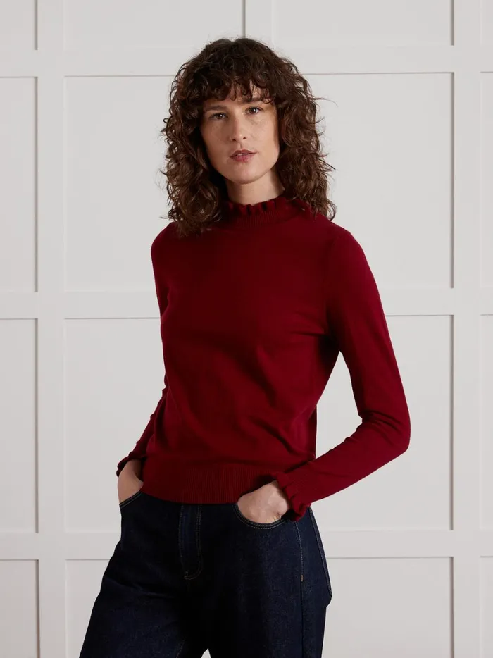 Women Clothing Cyrillus Rws Merino Wool Sweater With Ruffled Neckline Cerise