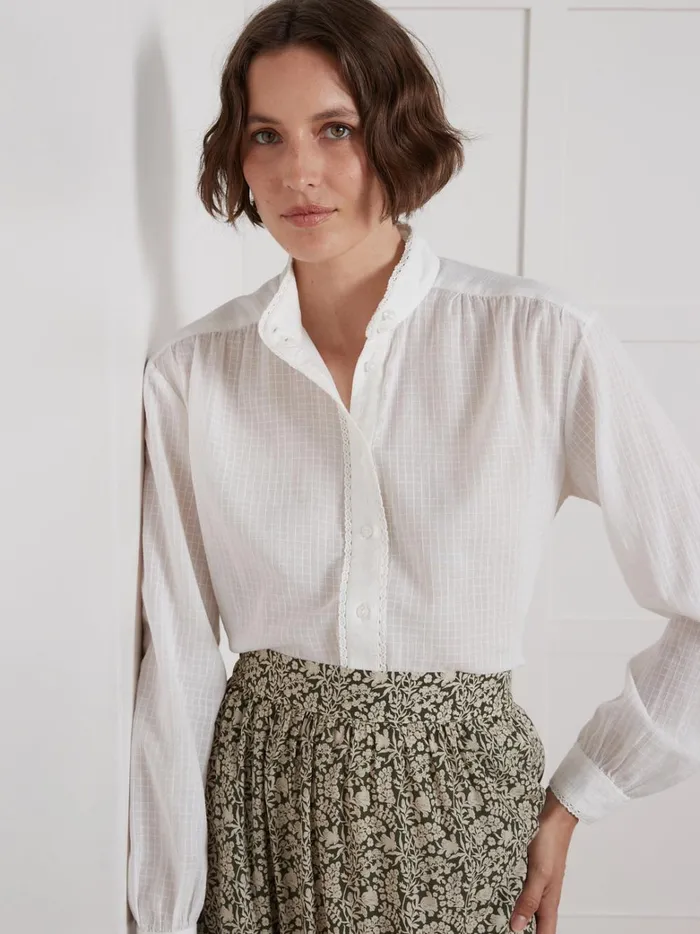 Women Clothing Cyrillus Shirt Made With A CheckLike Textured Fabric Ecru