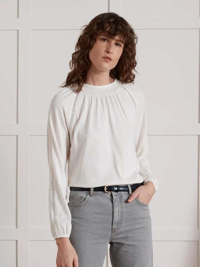 Women Clothing Cyrillus Smocked TShirt With Raglan Sleeves Blanc