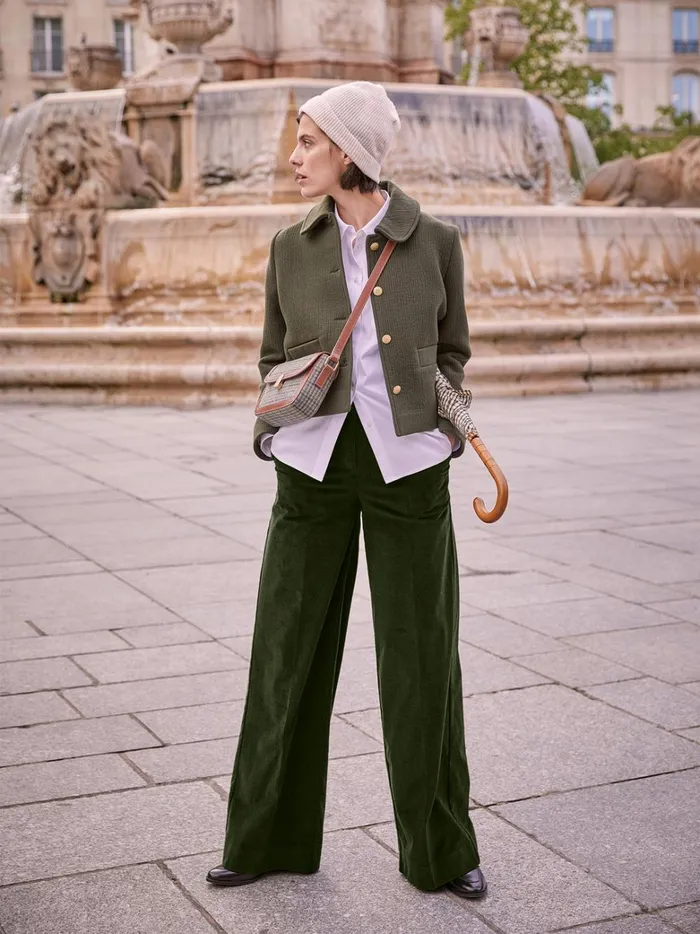 Women Clothing Cyrillus Sophie WideLeg Corduroy Trousers Vert Chasse
