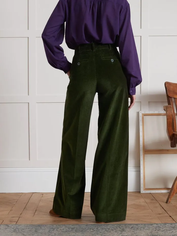 Women Clothing Cyrillus Sophie WideLeg Corduroy Trousers Vert Chasse