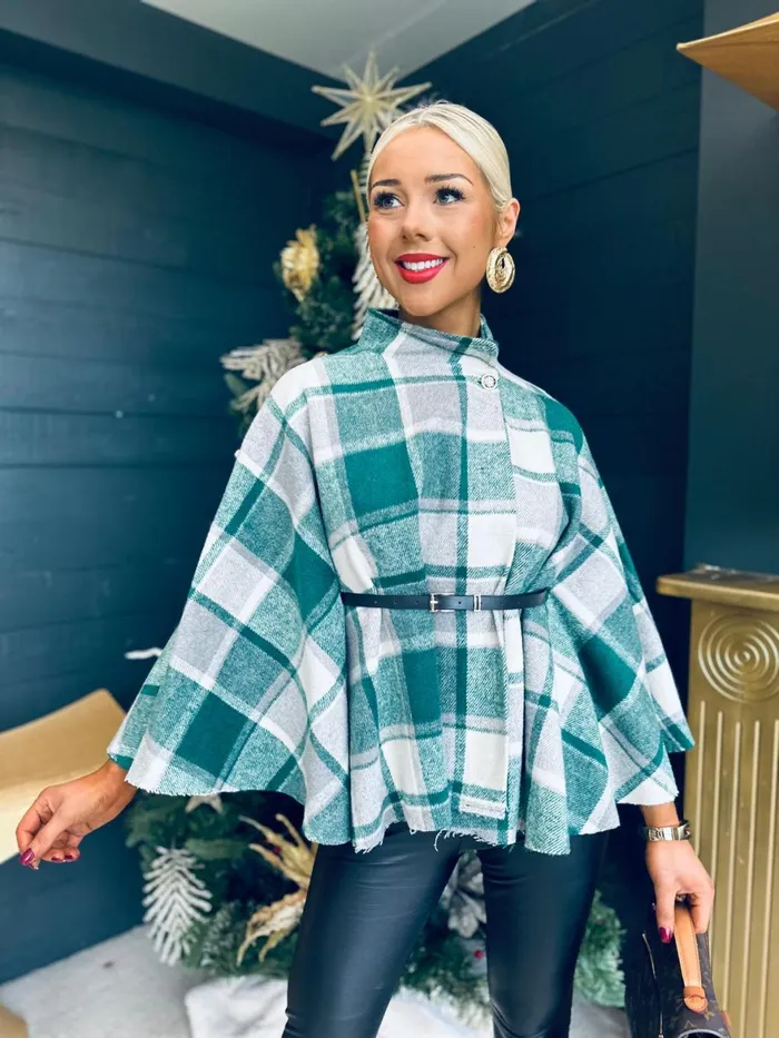 Women Coats and Jackets Canella Lane Enya Check Belted Cape Green