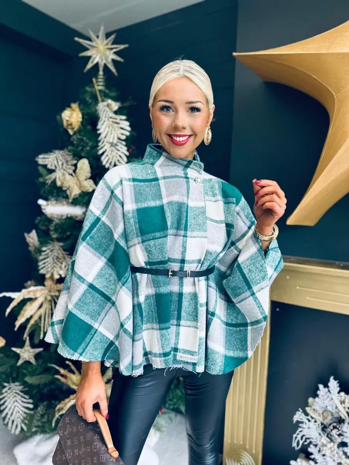 Women Coats and Jackets Canella Lane Enya Check Belted Cape Green