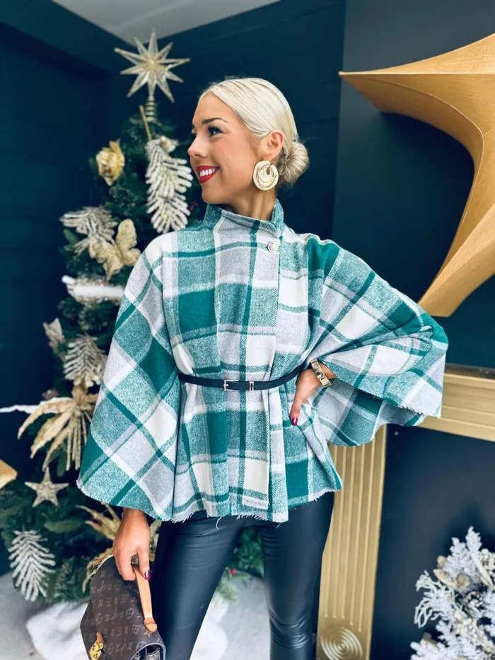 Women Coats and Jackets Canella Lane Enya Check Belted Cape Green