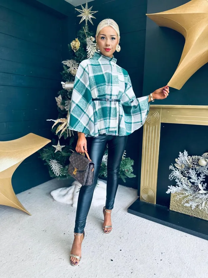 Women Coats and Jackets Canella Lane Enya Check Belted Cape Green