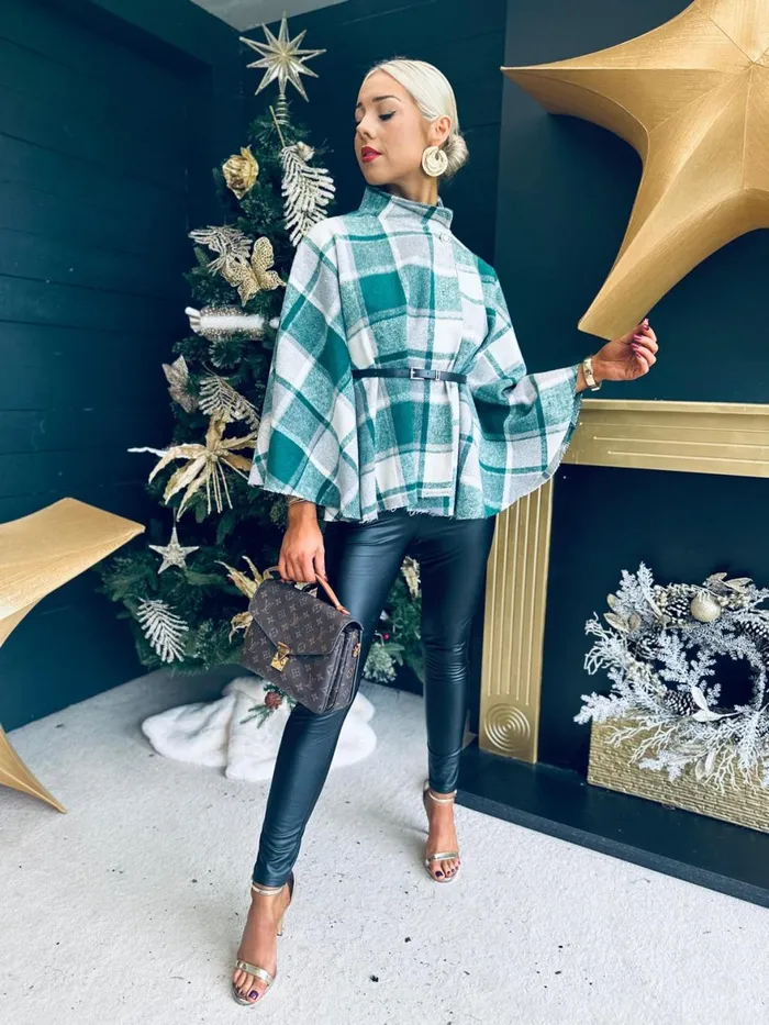 Women Coats and Jackets Canella Lane Enya Check Belted Cape Green