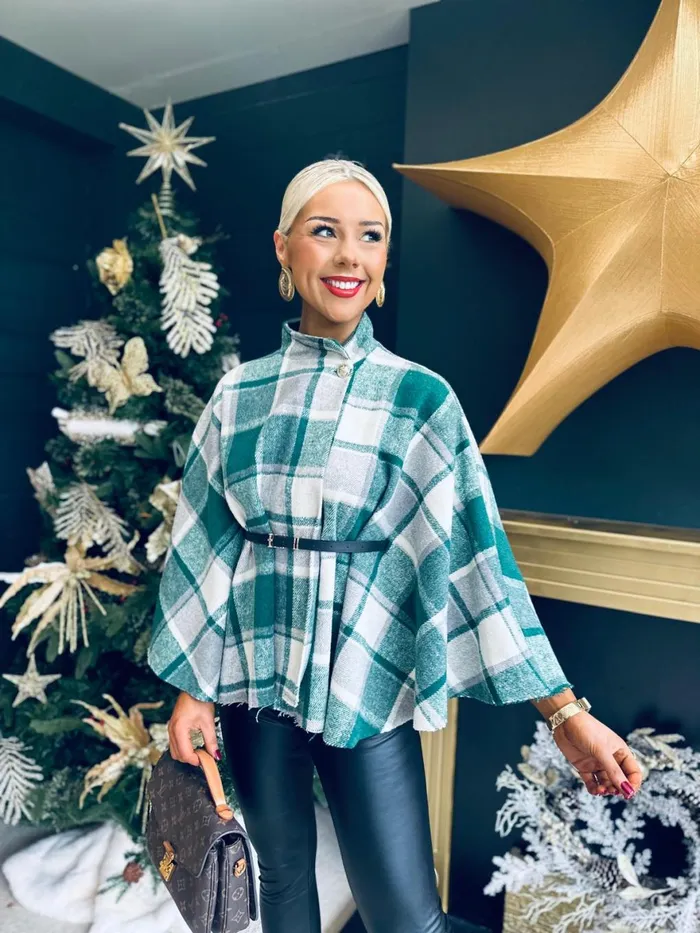 Women Coats and Jackets Canella Lane Enya Check Belted Cape Green