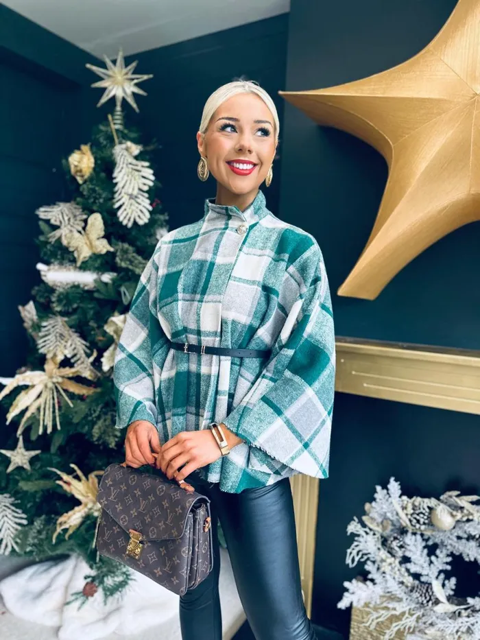 Women Coats and Jackets Canella Lane Enya Check Belted Cape Green