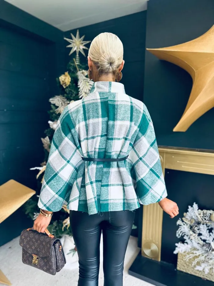 Women Coats and Jackets Canella Lane Enya Check Belted Cape Green