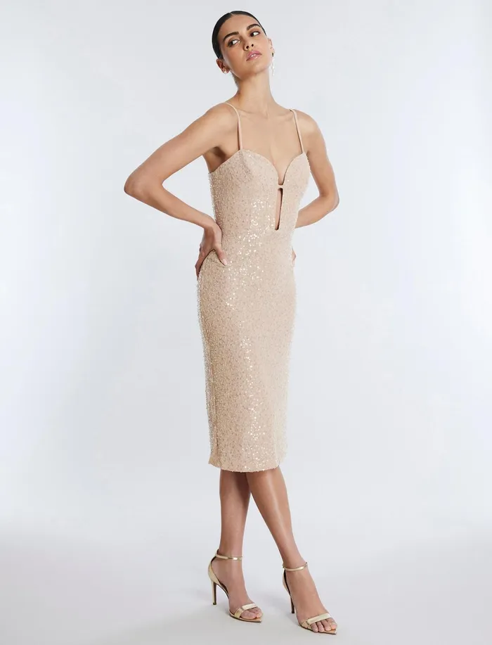 Women Cocktail and Party Dresses BCBG Georgina Midi Dress Champagne