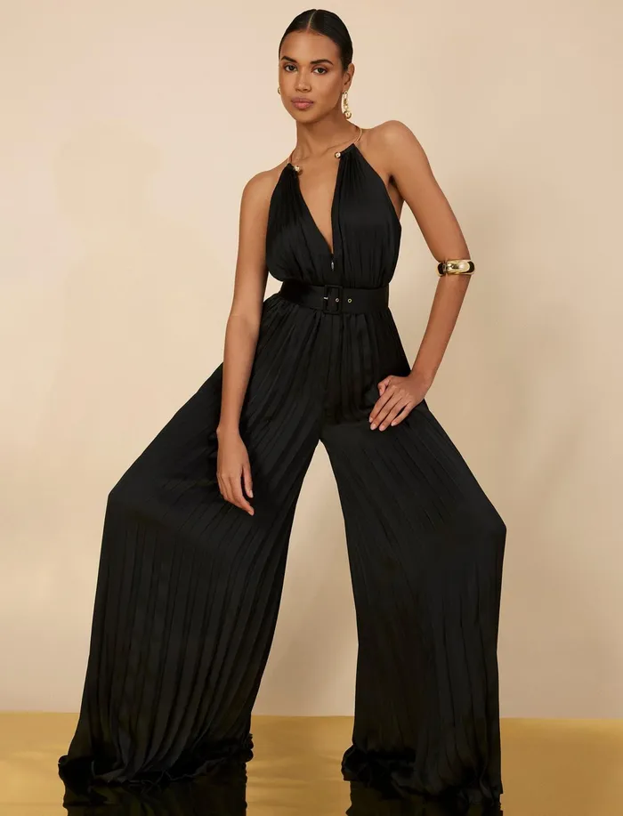 Women Cocktail and Party Dresses BCBG Libby Wide Leg Belted Jumpsuit Black