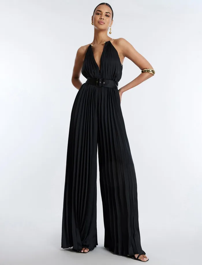 Women Cocktail and Party Dresses BCBG Libby Wide Leg Belted Jumpsuit Black