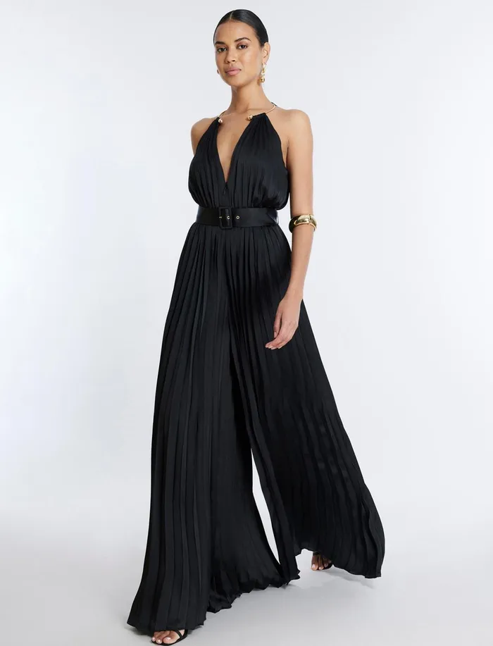 Women Cocktail and Party Dresses BCBG Libby Wide Leg Belted Jumpsuit Black