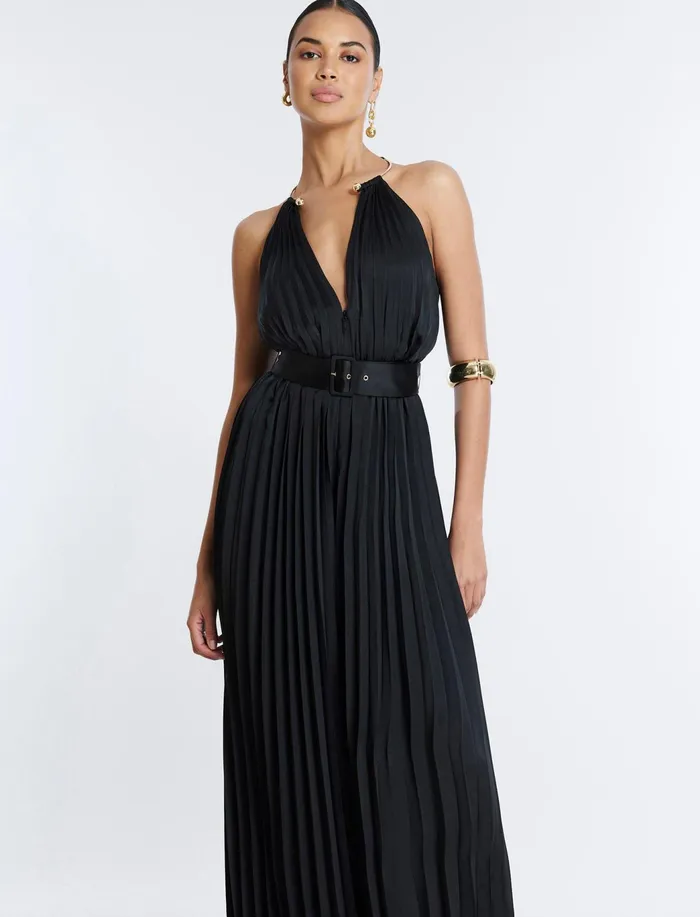 Women Cocktail and Party Dresses BCBG Libby Wide Leg Belted Jumpsuit Black