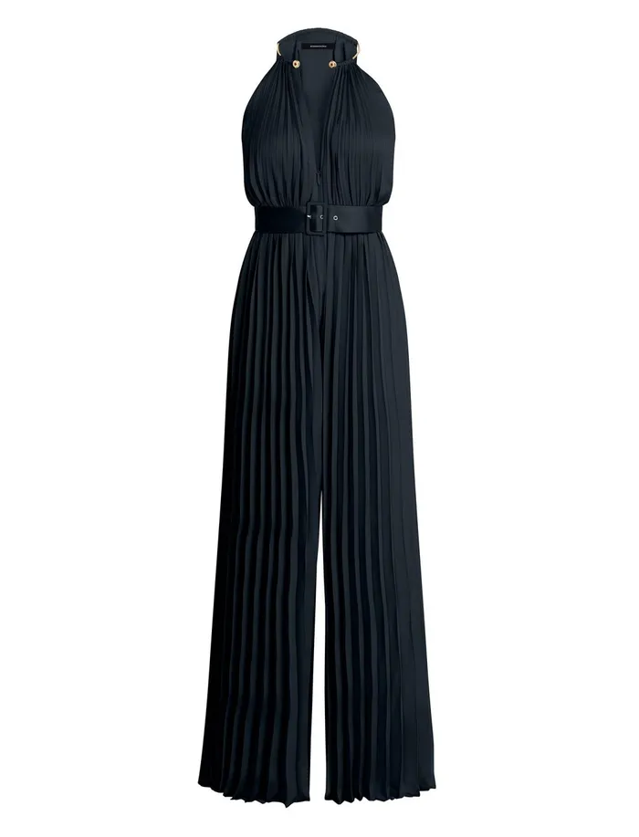 Women Cocktail and Party Dresses BCBG Libby Wide Leg Belted Jumpsuit Black