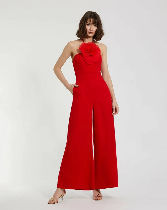 Women Crepe Halter Neck Jumpsuit With Flower Cherry Jumpsuits and Rompers Mac Duggal