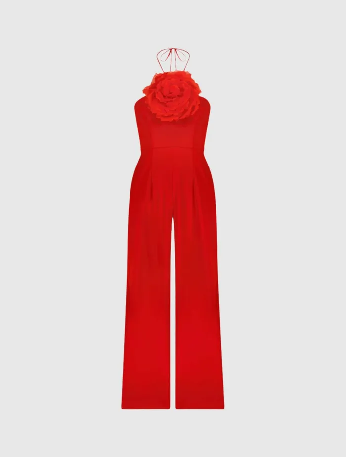 Women Crepe Halter Neck Jumpsuit With Flower Cherry Jumpsuits and Rompers Mac Duggal