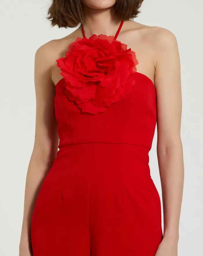 Women Crepe Halter Neck Jumpsuit With Flower Cherry Jumpsuits and Rompers Mac Duggal