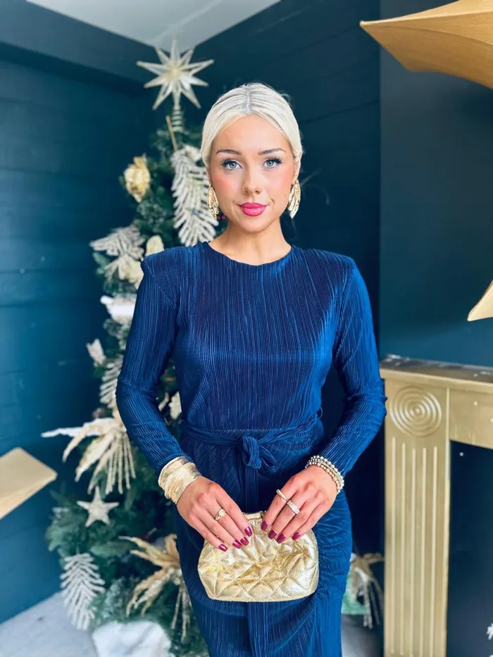 Women Day Dress Canella Lane Elena Plisse Ruched Long Sleeve Midi Dress Navy