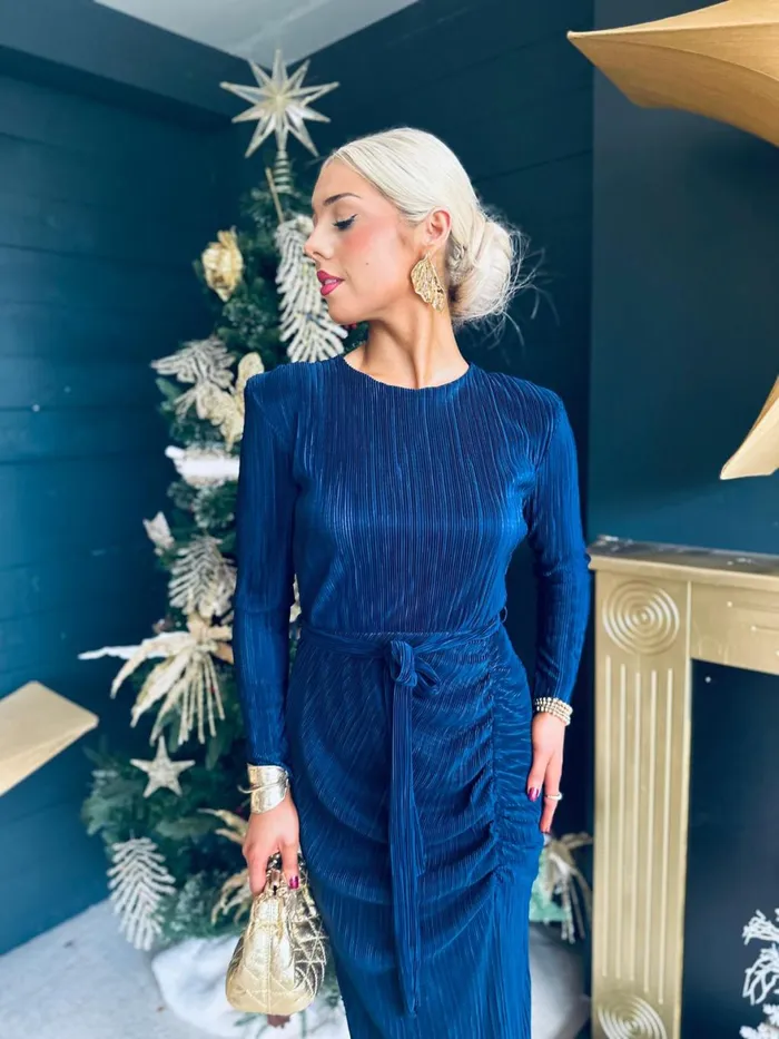 Women Day Dress Canella Lane Elena Plisse Ruched Long Sleeve Midi Dress Navy