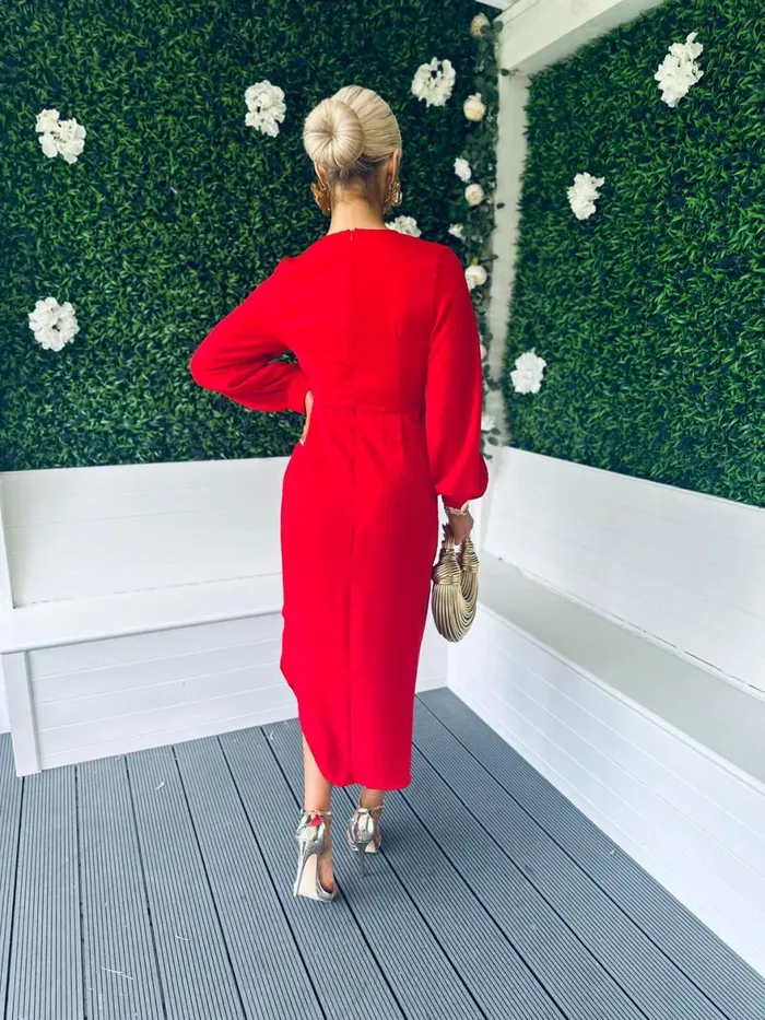 Women Day Dress Canella Lane Elsa Long Sleeve Asymmetric Midi Dress Red