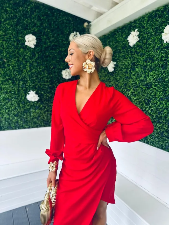 Women Day Dress Canella Lane Elsa Long Sleeve Asymmetric Midi Dress Red