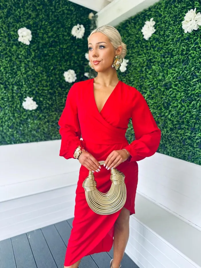 Women Day Dress Canella Lane Elsa Long Sleeve Asymmetric Midi Dress Red