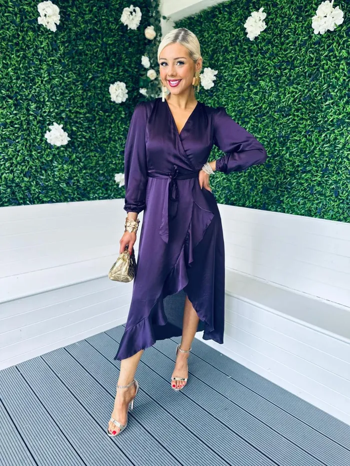 Women Day Dress Canella Lane Erin Long Sleeve Frill Detail Maxi Dress Purple
