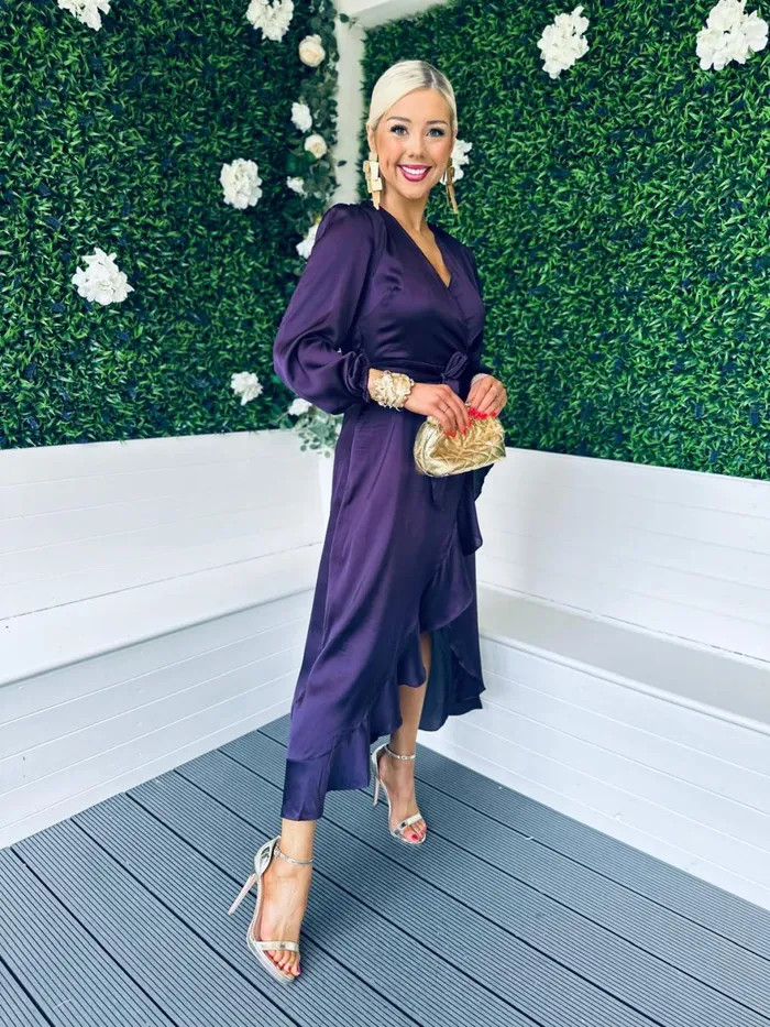 Women Day Dress Canella Lane Erin Long Sleeve Frill Detail Maxi Dress Purple