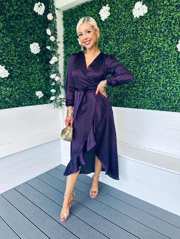 Women Day Dress Canella Lane Erin Long Sleeve Frill Detail Maxi Dress Purple