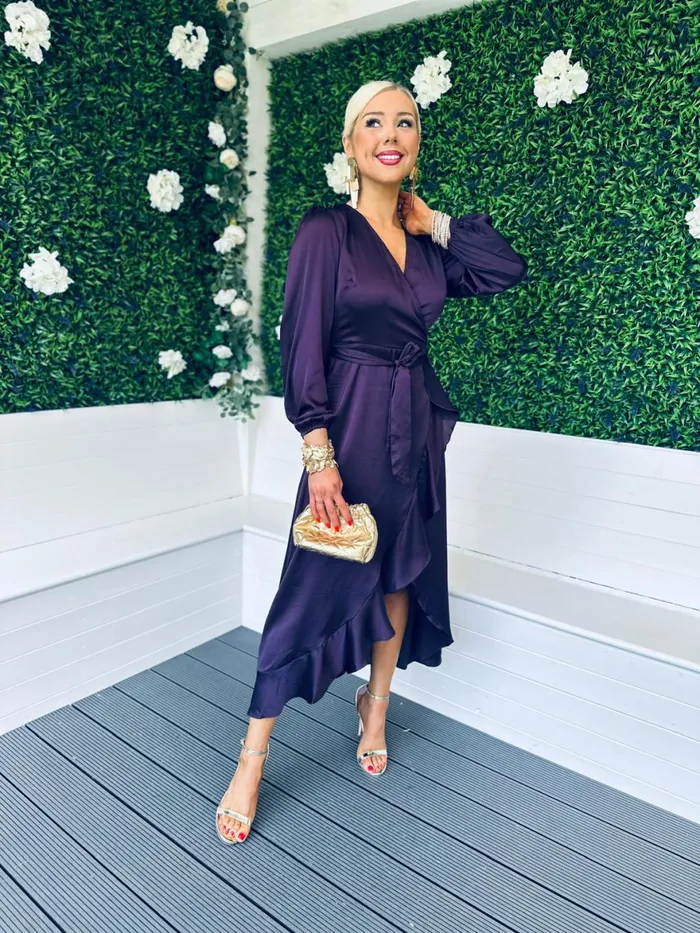 Women Day Dress Canella Lane Erin Long Sleeve Frill Detail Maxi Dress Purple