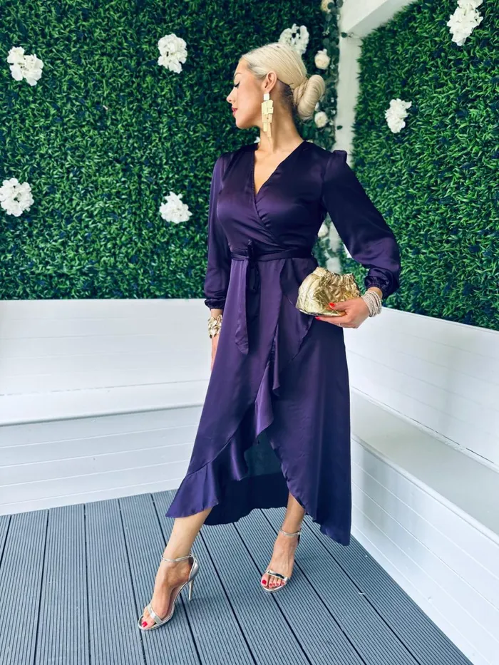 Women Day Dress Canella Lane Erin Long Sleeve Frill Detail Maxi Dress Purple