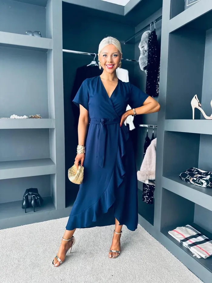 Women Day Dress Canella Lane Farrah Split Hem Frill Detail Maxi Dress Navy