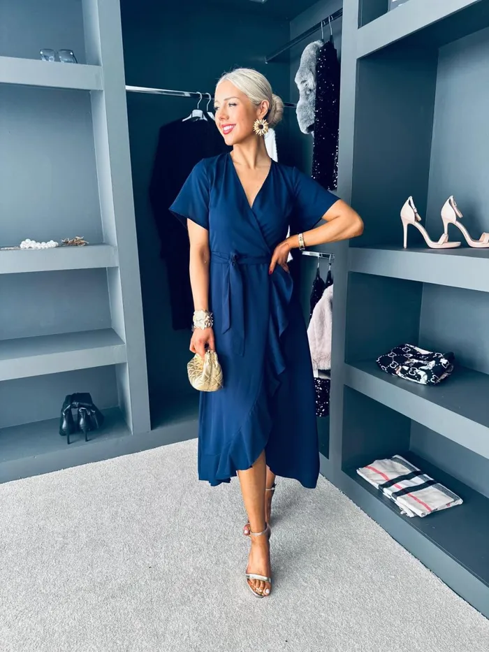 Women Day Dress Canella Lane Farrah Split Hem Frill Detail Maxi Dress Navy