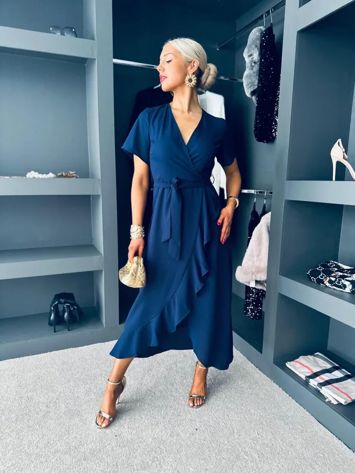 Women Day Dress Canella Lane Farrah Split Hem Frill Detail Maxi Dress Navy