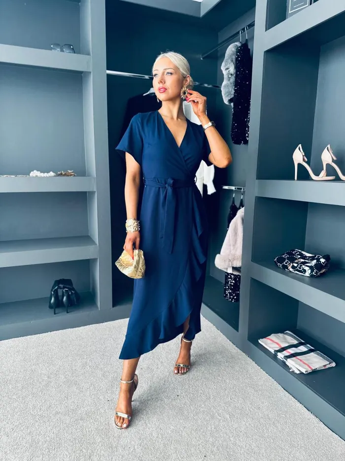 Women Day Dress Canella Lane Farrah Split Hem Frill Detail Maxi Dress Navy