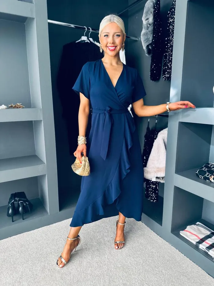 Women Day Dress Canella Lane Farrah Split Hem Frill Detail Maxi Dress Navy