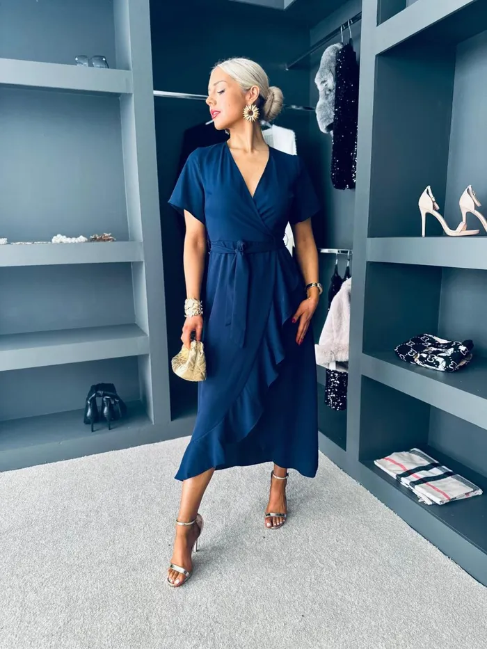 Women Day Dress Canella Lane Farrah Split Hem Frill Detail Maxi Dress Navy