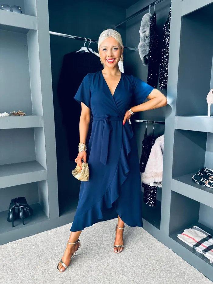 Women Day Dress Canella Lane Farrah Split Hem Frill Detail Maxi Dress Navy