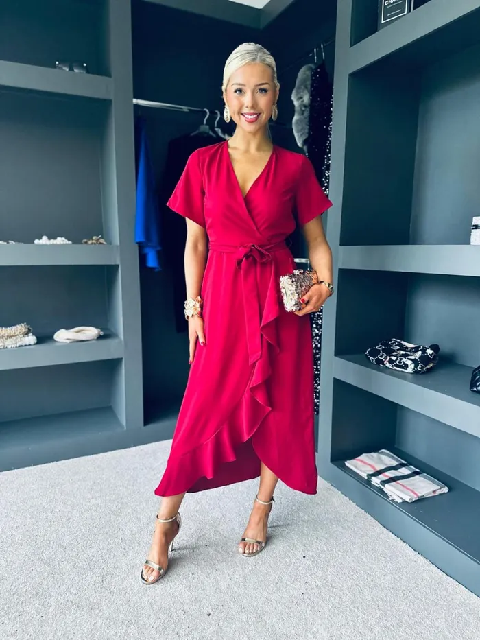 Women Day Dress Canella Lane Farrah Split Hem Frill Detail Maxi Dress Wine