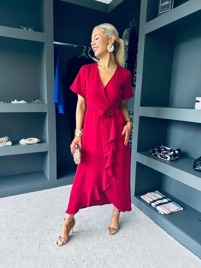 Women Day Dress Canella Lane Farrah Split Hem Frill Detail Maxi Dress Wine