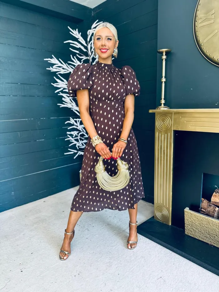 Women Day Dress Canella Lane Lilith Puff Sleeve High Neck Midi Dress Coco and Gold